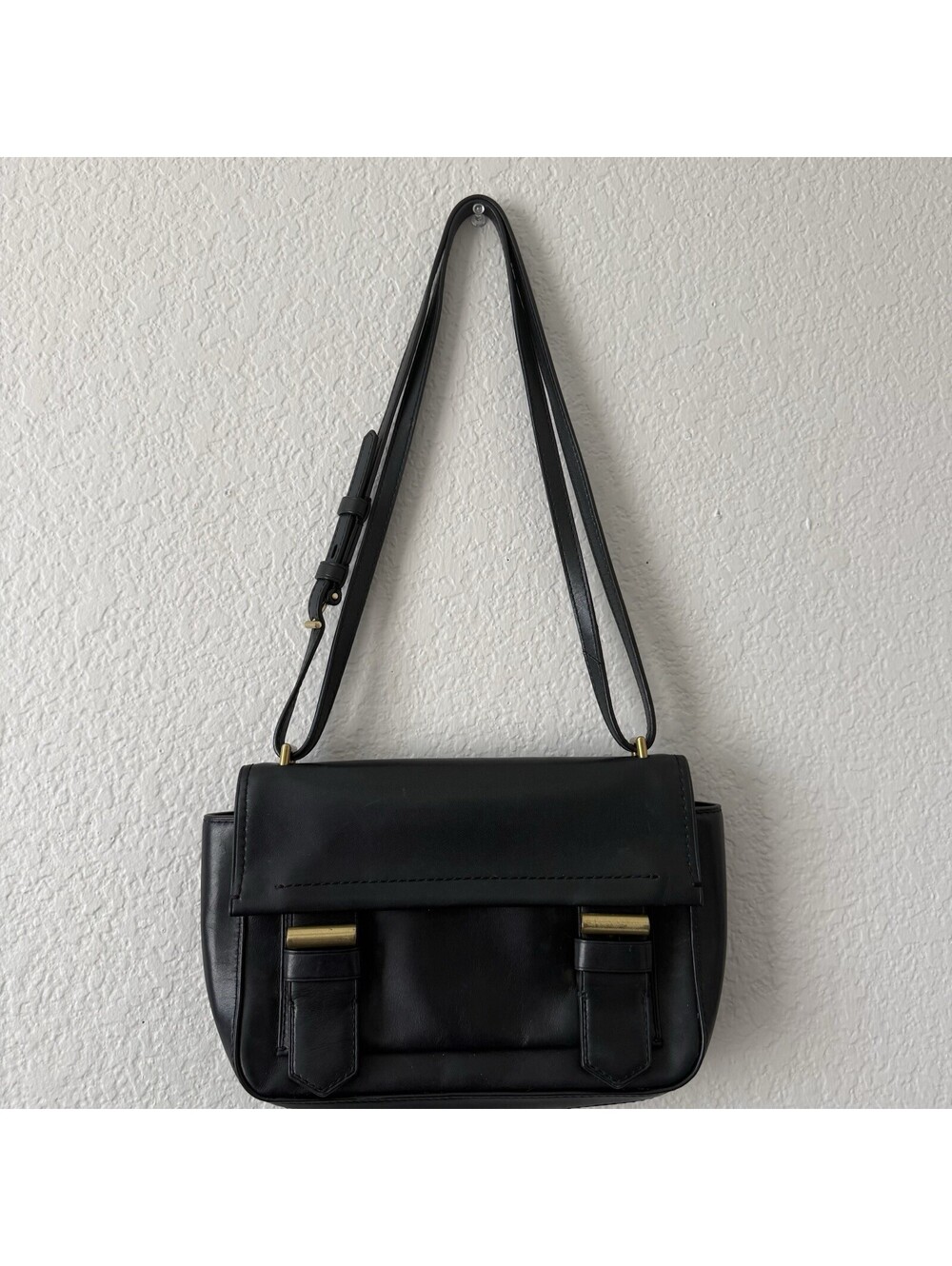 Reed Krakoff Black Leather Flap Messenger Shoulder Bag Gold Buckle Designer